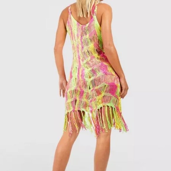 BOHO Swim Dress Crochet Beach Cover Up Colorful Bikini Cover Up Mesh Swim Shirt - Picture 2 of 10